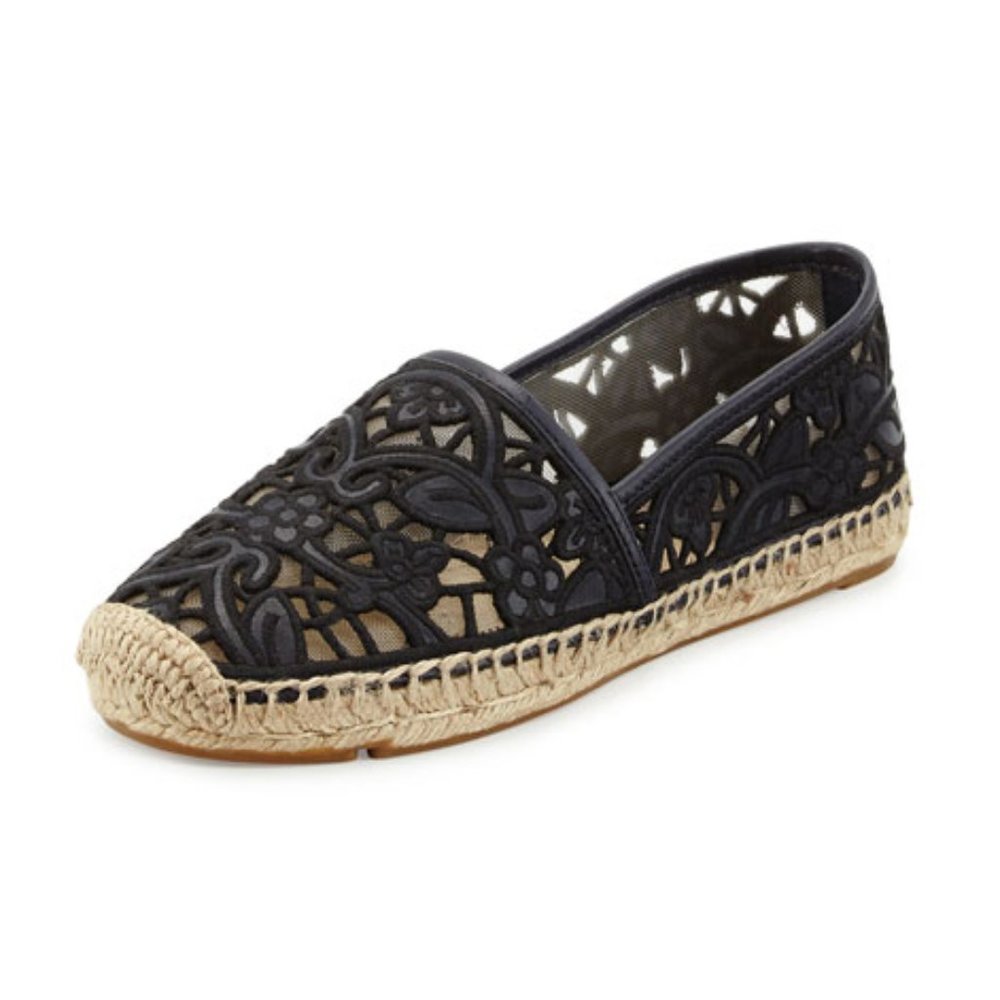 [SOLD] Tory Burch Rhea Navy Blue Black Art Nouveau Floral Mesh Flat Espadrilles